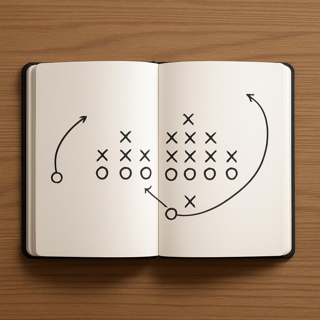 English (United States) Free football diagram on a notebook, simple line drawing, design, play, run.