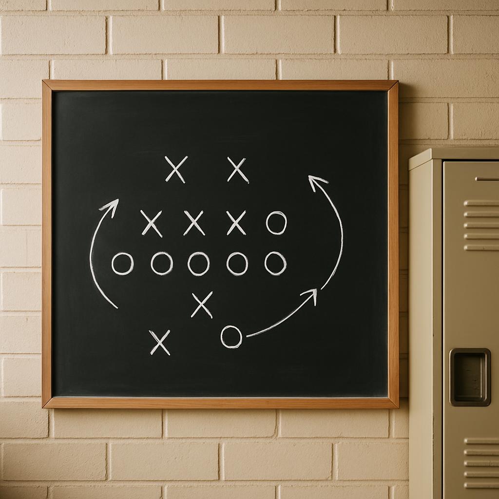 An untitled photo of a white brick wall with a black chalkboard framed in wood. The black chalkboard has a white football ...