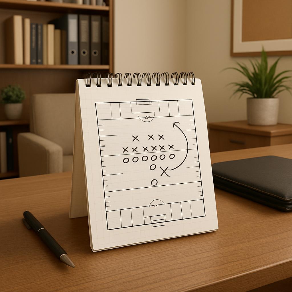 The image depicts a desk with a note pad and pen set out for making notes and a bookshelf in the background. * The image s...