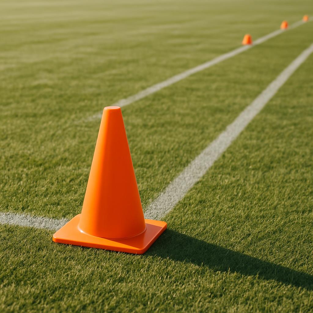 A group of orange training cones placed in a field with white lines.