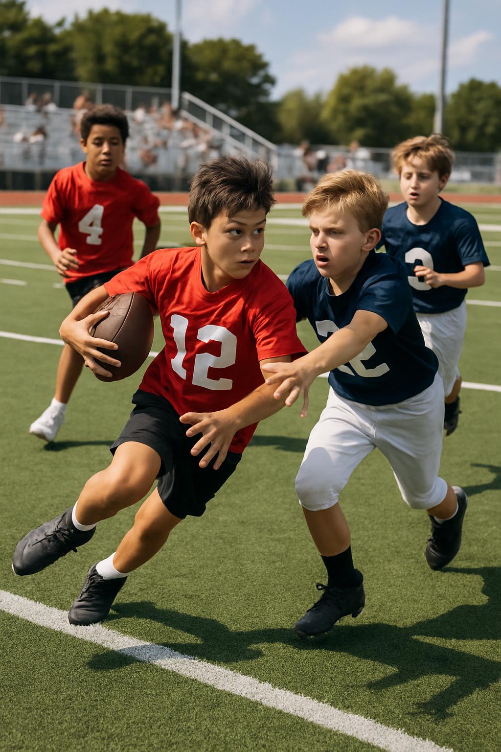 Boys playing flag football on green turf field; Classic American sports event outdoor scene